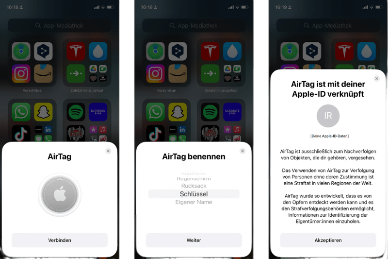 Screenshots des Einrichtungsprozesses des Apple Air Tracker